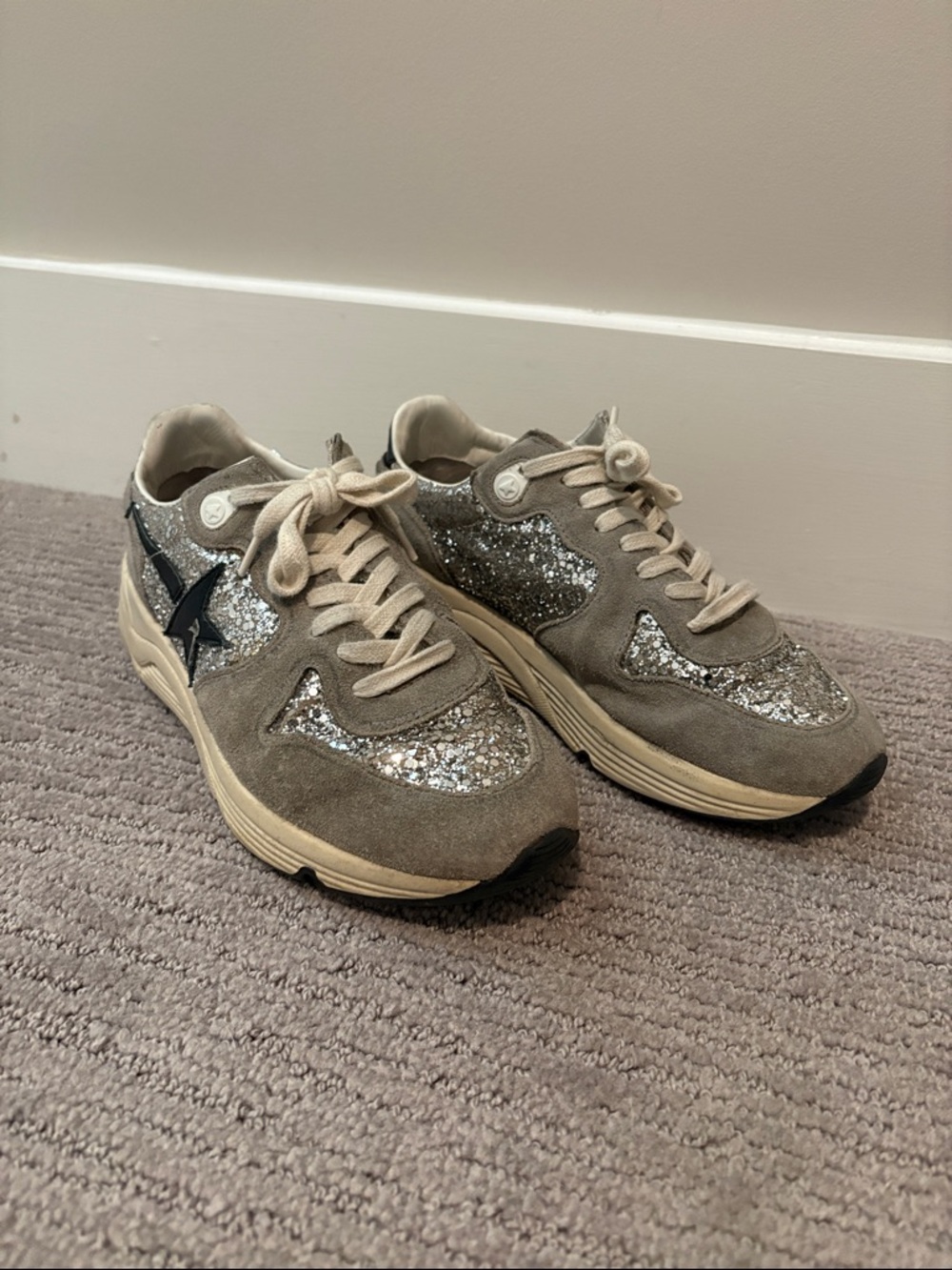 Golden Goose Women’s Running Sole Beige and Gray Suede Glitter Sneakers